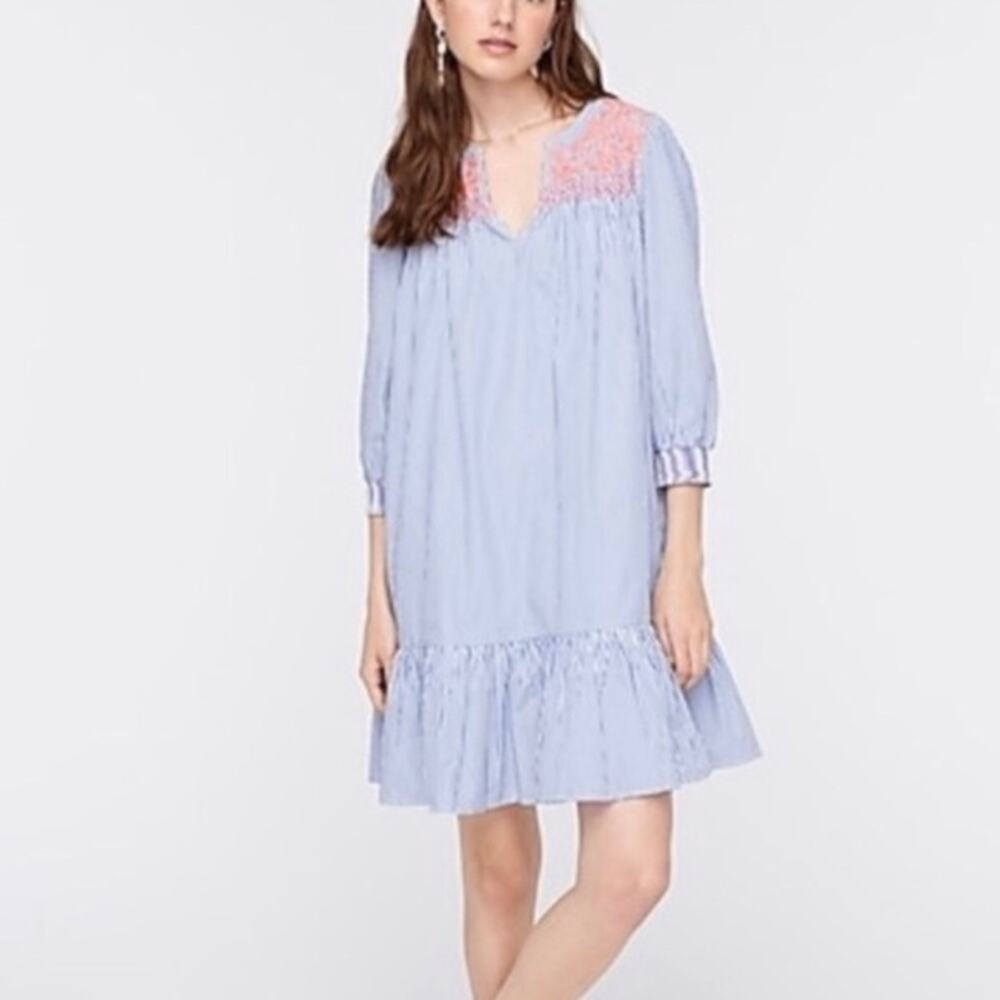 J. Crew Women's Blue White Striped Embroidered Popover Dress Ruffle Hem Size XS